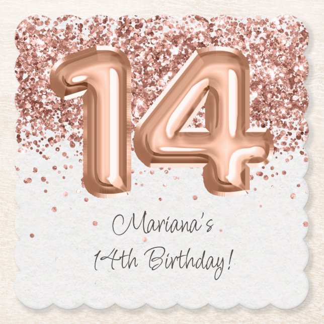  Rose Gold 14th Birthday Party Paper Coaster (Front)