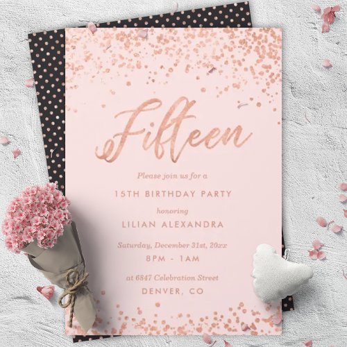 Rose Gold 15th Birthday Party Invitation Faux Foil