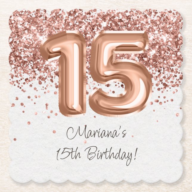  Rose Gold 15th Birthday Party Paper Coaster (Front)