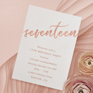 Rose Gold 17th Birthday Party Invitation Faux Foil