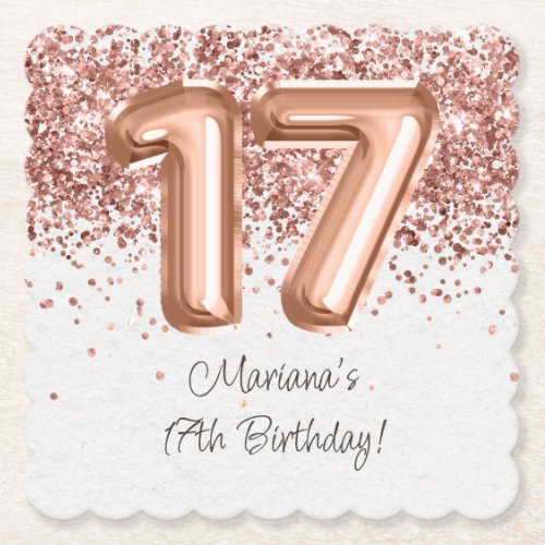  Rose Gold 17th Birthday Party Paper Coaster