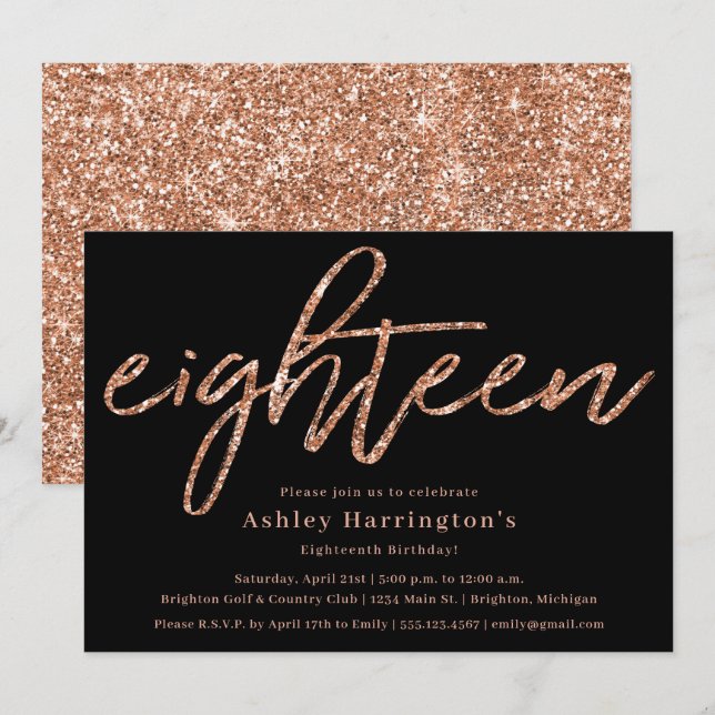 Rose Gold 18th Birthday Invitation with Glitter (Front/Back)