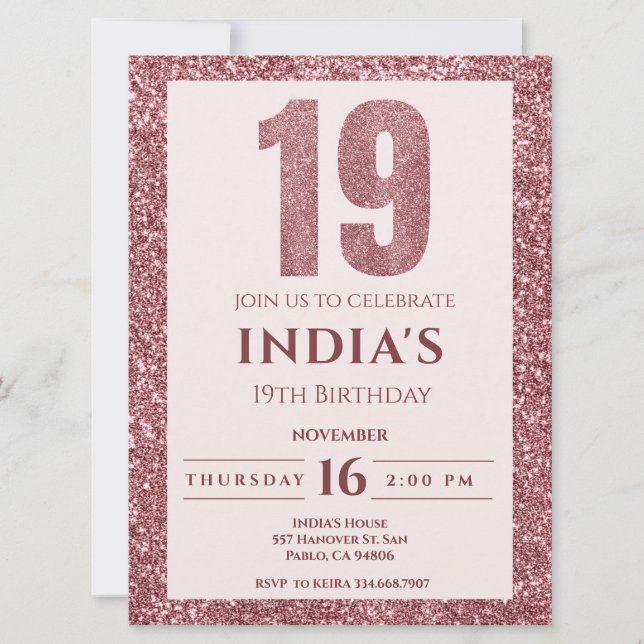 rose gold 19th birthday  invitation (Front)