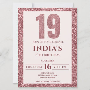 rose gold 19th birthday invitation