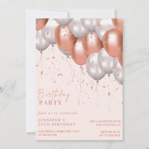 Rose gold 19th birthday invitations Balloon Glam
