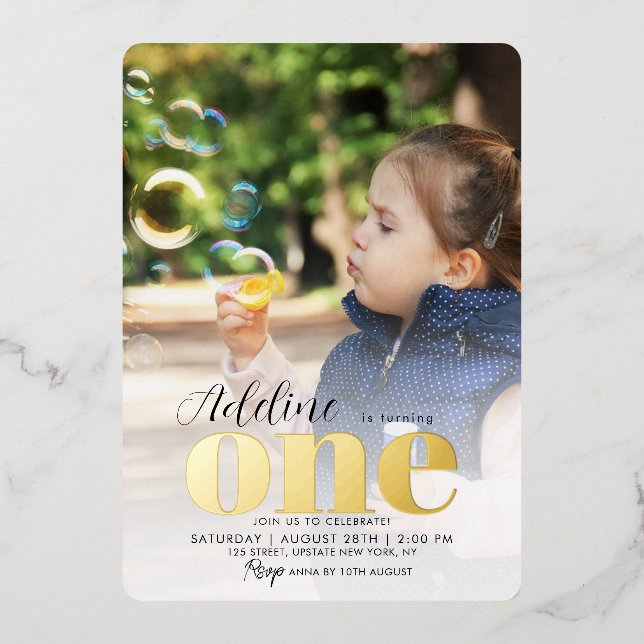 Rose Gold 1st Birthday Party ONE Photo  Foil Invitation (Front)