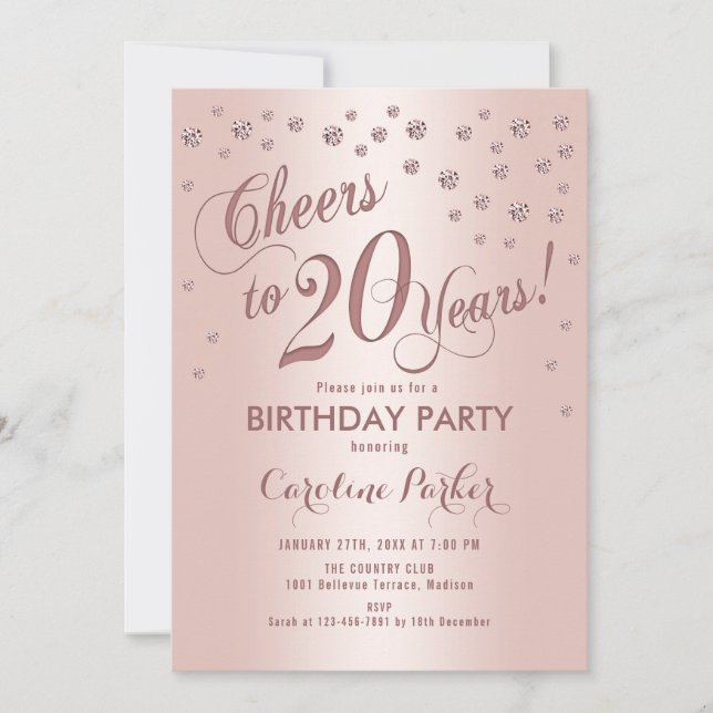 Rose Gold 20th Birthday Party Invitation (Front)