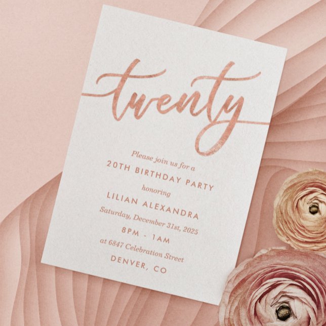 Rose Gold 20th Birthday Party Invitation Faux Foil (Creator Uploaded)