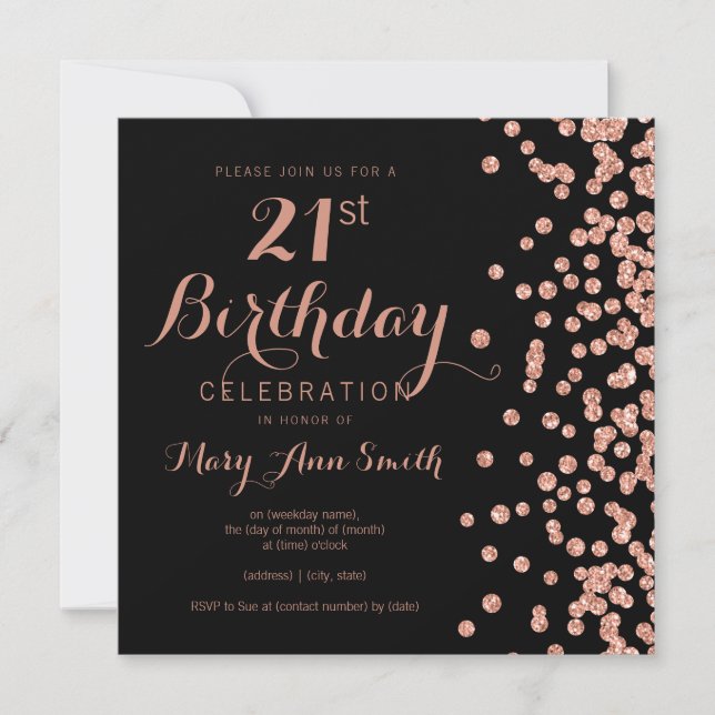 Rose Gold 21st Birthday Glitter Confetti Black Invitation (Front)