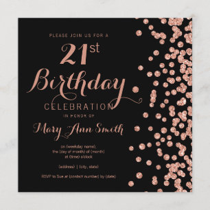 Rose Gold 21st Birthday Glitter Confetti Black Invitation