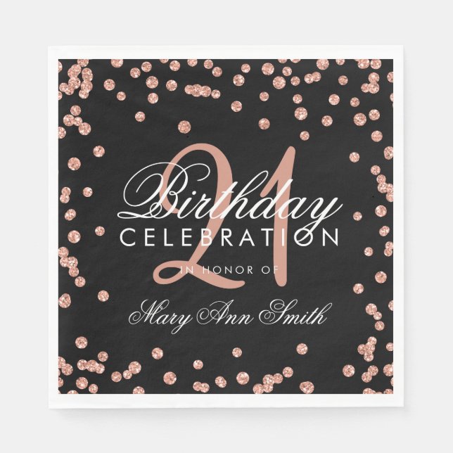 Rose Gold 21st Birthday Glitter Confetti Black Napkins (Front)
