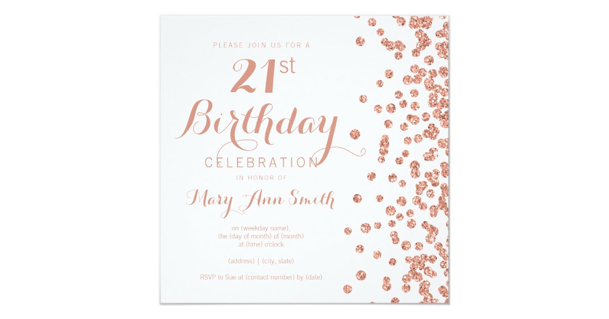 Rose Gold 21st Birthday Glitter Confetti White Invitation Zazzle Com