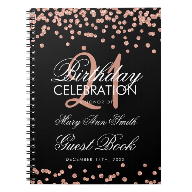 Rose Gold 21st Birthday Guest Book Confetti Black (Front)