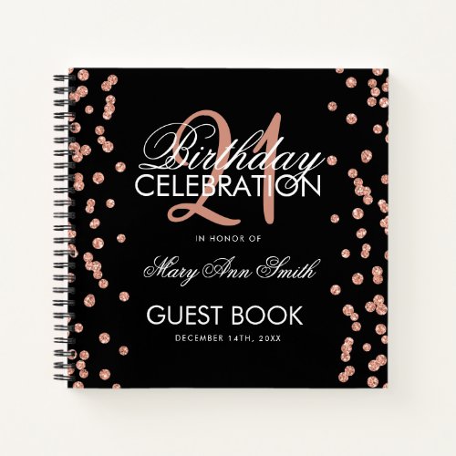Rose Gold 21st Birthday Guestbook Confetti Black Notebook