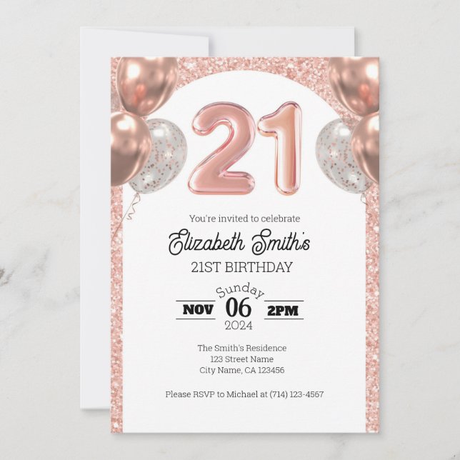 Rose Gold 21st Birthday Invitation Template  (Front)