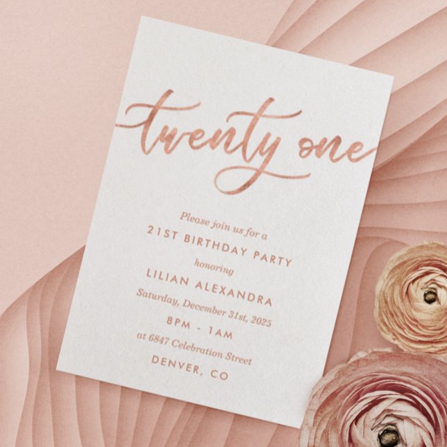 Rose Gold 21st Birthday Invitations Girl Faux Foil