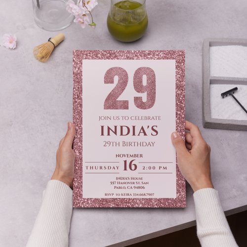 rose gold 29th birthday invitation