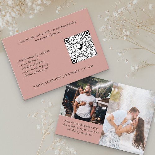 Rose Gold 2 Photo Online RSVP QR Code Wedding Enclosure Card