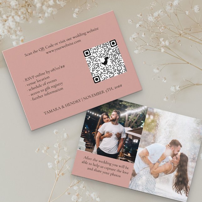 Rose Gold 2 Photo Online RSVP QR Code Wedding Enclosure Card (Creator Uploaded)