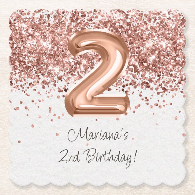  Rose Gold 2nd Birthday Party Paper Coaster (Front)