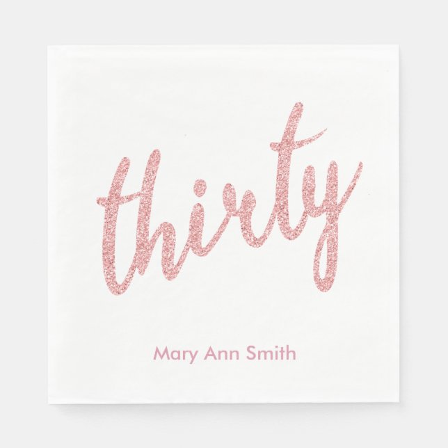Rose Gold 30 Birthday Party Glitter "Thirty" Napkins (Front)