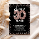 Rose Gold 30th Birthday Invitation<br><div class="desc">Elegant thirtieth birthday party invitation featuring a stylish black background that can be changed to any color,  rose gold sparkly glitter,  thirty rose gold hellium balloons,  and a modern 30th birthday celebration text template that is easy to personalize.</div>