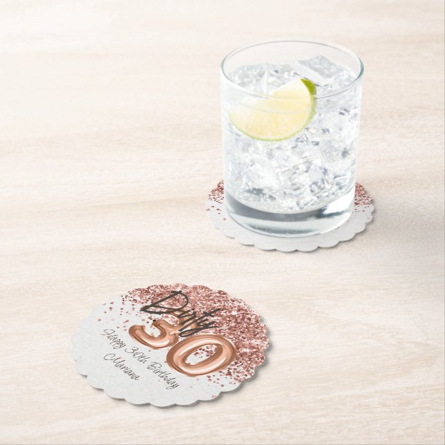  Rose Gold 30th Birthday Party Paper Coaster (Insitu)