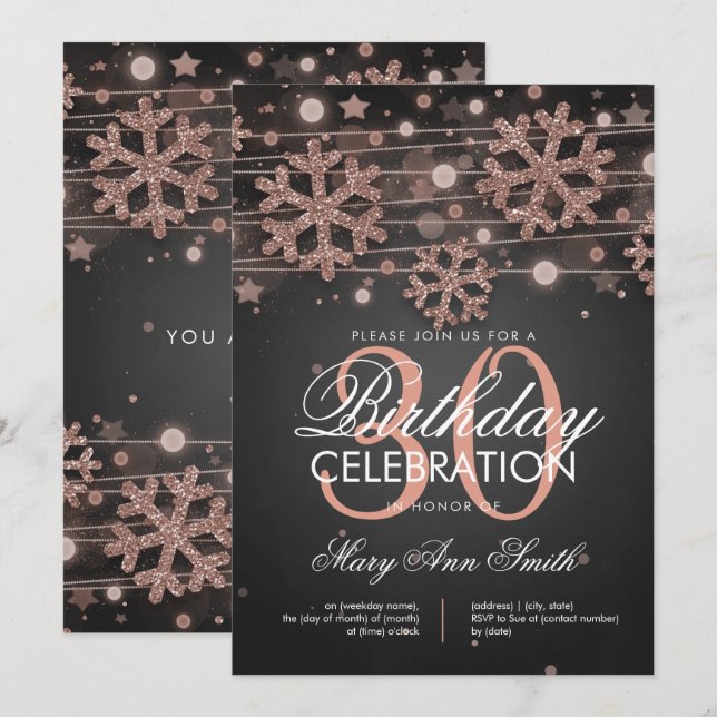 Rose Gold 30th Birthday Winter Glitter Glam Invitation (Front/Back)