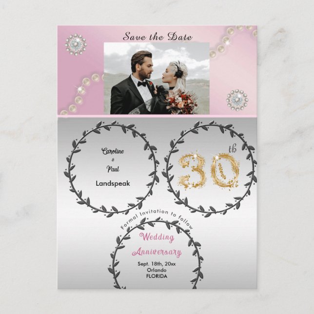 Rose Gold & 30th Pearls Anniversary Save the Date Postcard (Front)