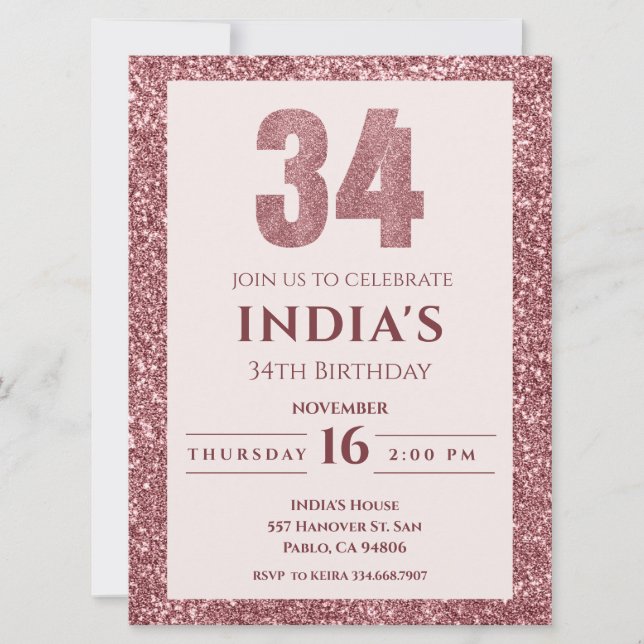 rose gold 34th birthday party invitation (Front)