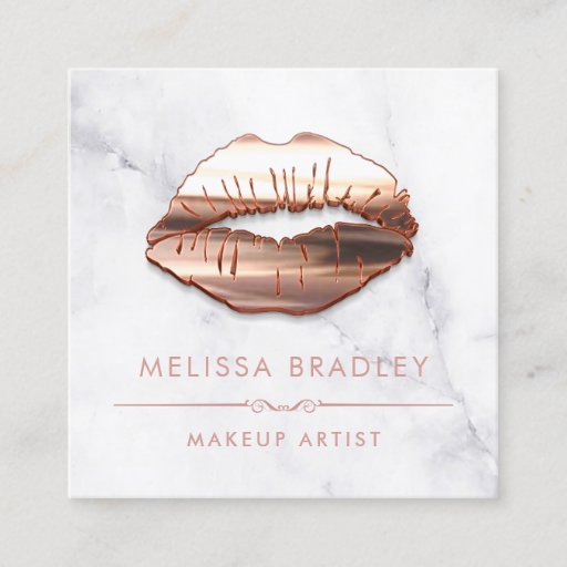 Customizable Rose Gold 3D Lips Marble Look Makeup Artist Square Business Card