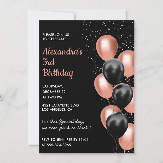 Rose gold 3rd birthday invitation Balloon Black (Front)