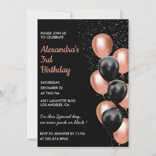 Rose gold 3rd birthday invitation Balloon Black