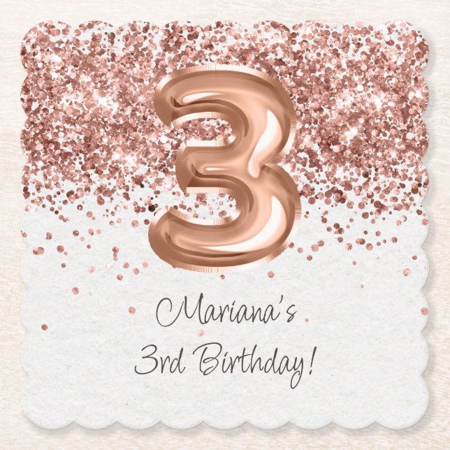  Rose Gold 3rd Birthday Party Paper Coaster (Front)