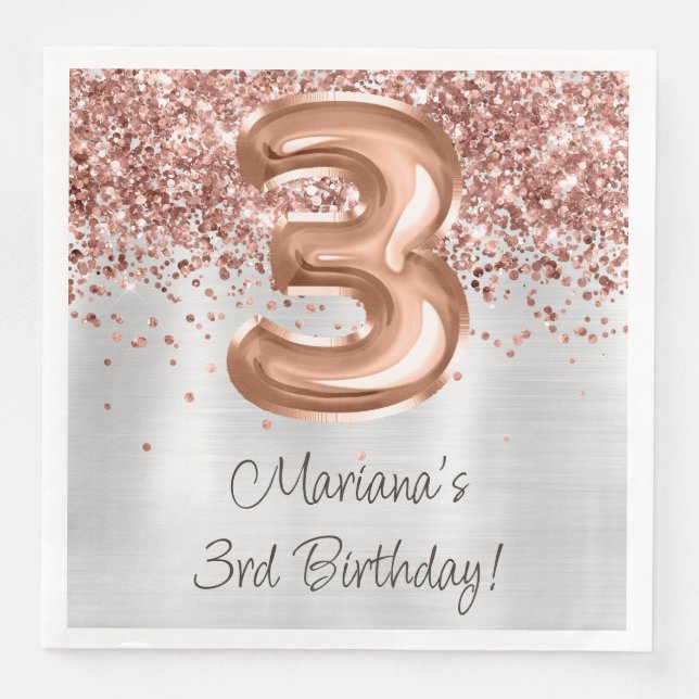  Rose Gold 3rd Birthday Party Paper Dinner Napkins (Front)