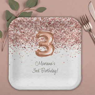  Rose Gold 3rd Birthday Party Paper Plates