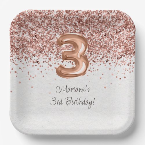  Rose Gold 3rd Birthday Party Paper Plates