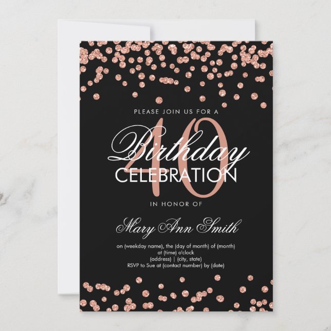 Rose Gold 40th Birthday Glitter Confetti Black Invitation (Front)