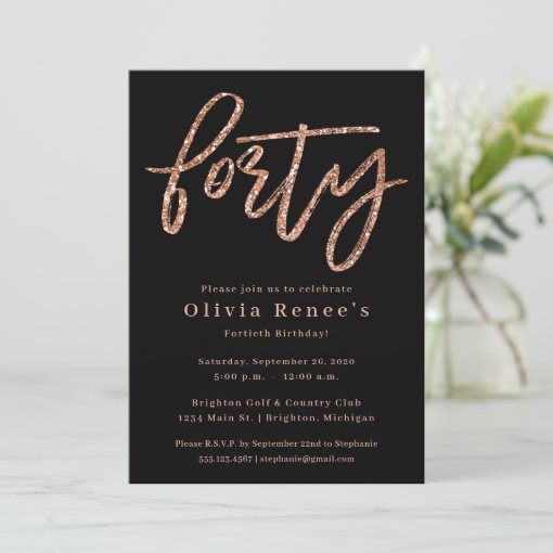 Rose Gold 40th Birthday Invitation Template | Zazzle