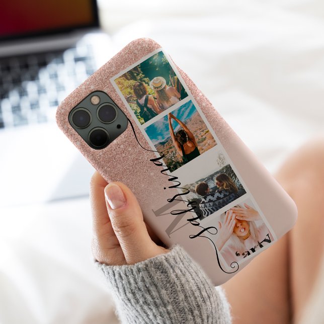 Rose gold 4 photo grid collage name blush monogram Case-Mate iPhone case (Creator Uploaded)