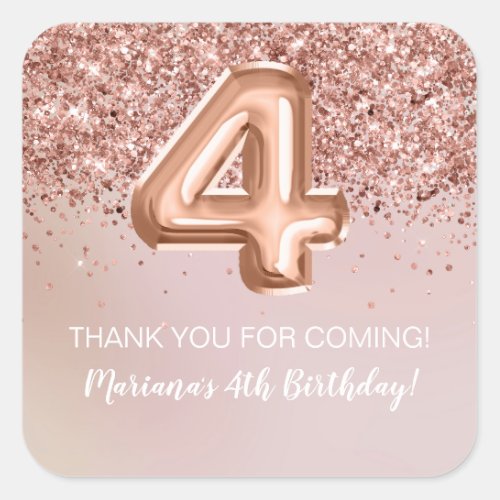 Rose Gold 4th Birthday Party Favor Square Sticker