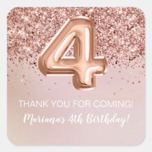 Rose Gold 4th Birthday Party Favor Square Sticker