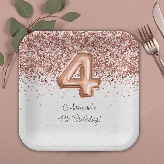  Rose Gold 4th Birthday Party Paper Plates (Creator Uploaded)