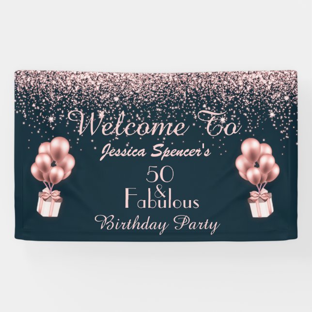 Rose Gold 50 and Fabulous 50th Birthday Weclome Banner (Horizontal)