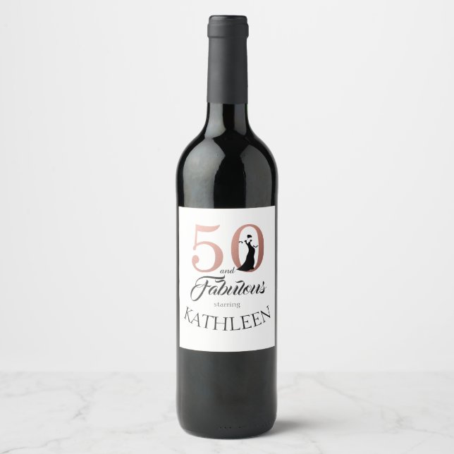 Rose Gold 50 and Fabulous Birthday Party Name Wine Label (Front)
