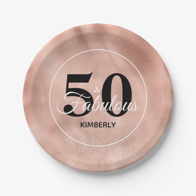 Rose Gold 50 and Fabulous Glam Birthday Party Paper Plates (Front)