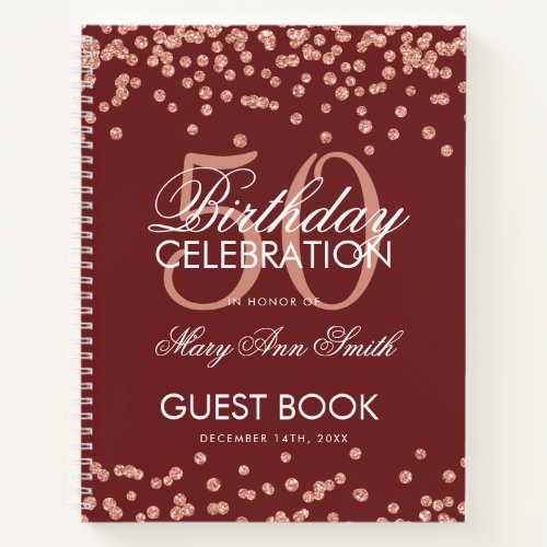 Rose Gold 50 Birthday Guestbook Confetti Burgundy Notebook