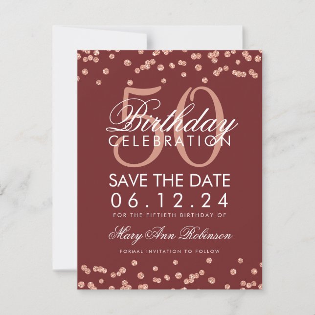 Rose Gold 50 Birthday Save Date Confetti Burgundy Save The Date (Front)