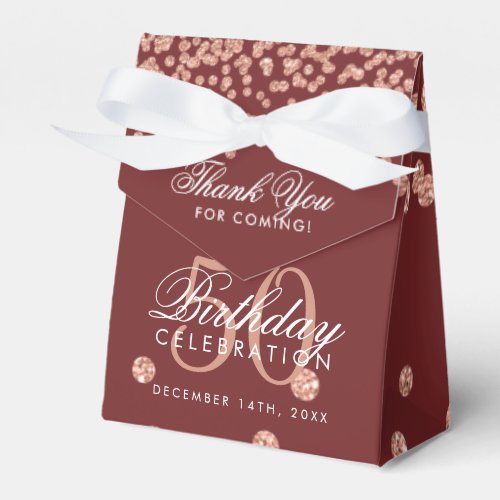 Rose Gold 50 Birthday Thank You Confetti Burgundy Favor Boxes