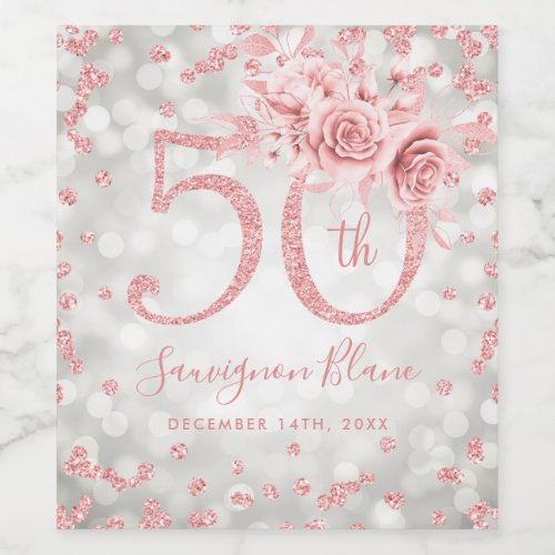 Rose Gold 50th Birthday Floral Glam Lights Silver  Wine Label